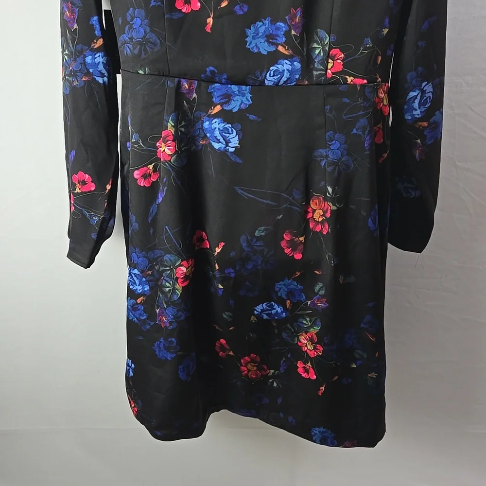 I.N.C. International Concepts Black Floral Print Faux-Wrap Long Sleeve Dress L - Picture 7 of 12